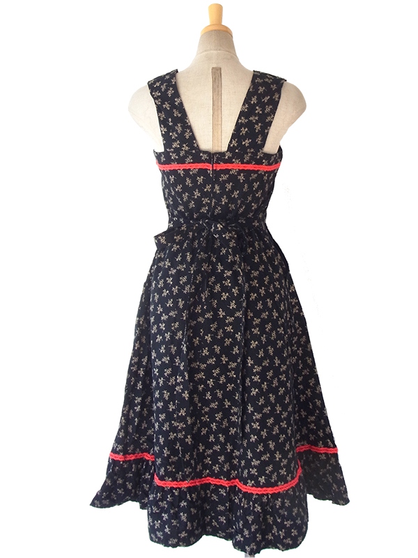 ヨーロッパ古着 ロンドン買い付け 60年代製 ブラック X イエロー小花柄 レッド テープ縁取りヴィンテージ ワンピース 16BS015