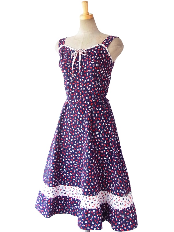 ヨーロッパ古着 ロンドン買い付け 60年代製 ブルー X レッド・ホワイト 小花柄 リボン付き ストラップ ワンピース 16BS019