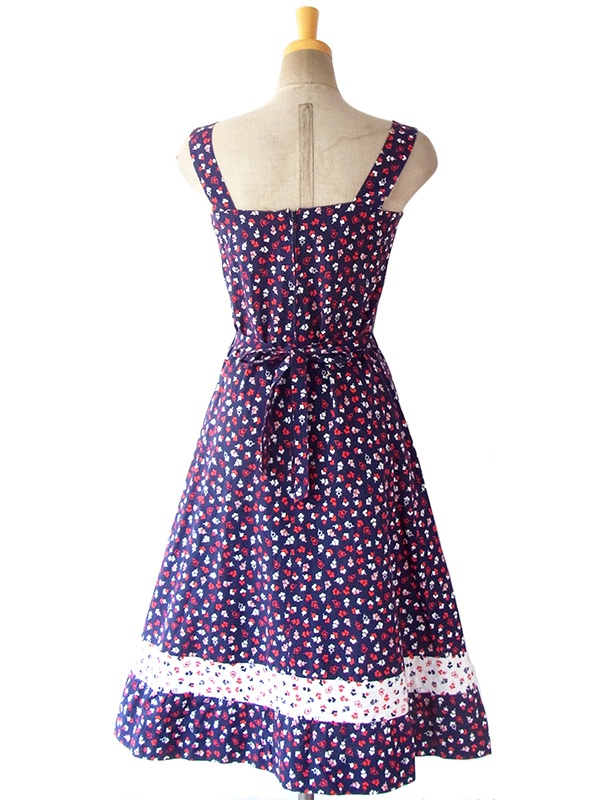 ヨーロッパ古着 ロンドン買い付け 60年代製 ブルー X レッド・ホワイト 小花柄 リボン付き ストラップ ワンピース 16BS019