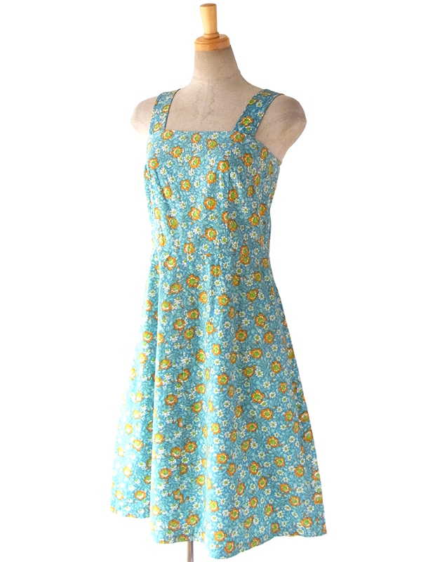 ヨーロッパ古着 ロンドン買い付け 60年代製 水色 X オレンジ・グリーン 花柄 ヴィンテージ ワンピース 16BS022