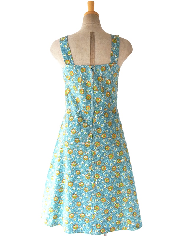 ヨーロッパ古着 ロンドン買い付け 60年代製 水色 X オレンジ・グリーン 花柄 ヴィンテージ ワンピース 16BS020
