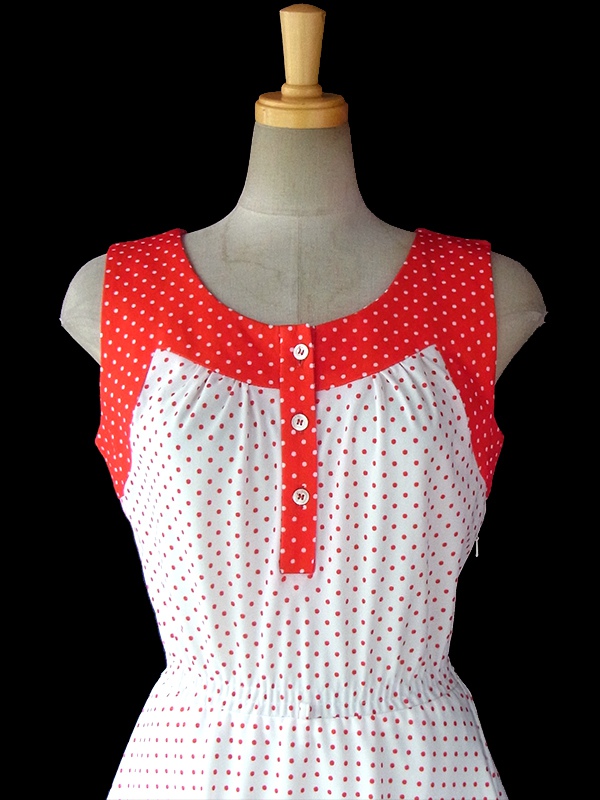 ヨーロッパ古着 ロンドン買い付け ホワイト X レッド バイカラー 水玉 レトロ ワンピース 16BS019