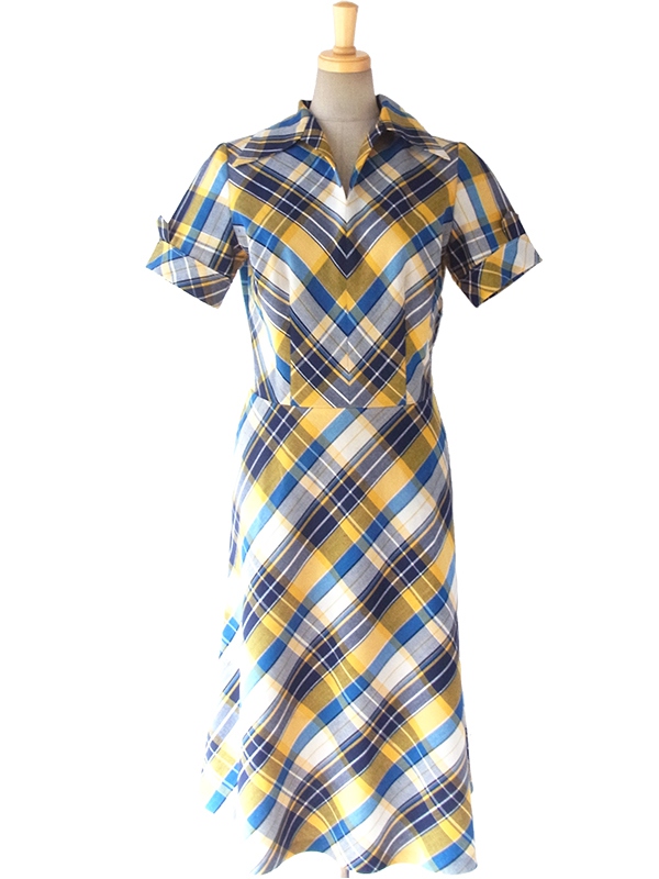 ヨーロッパ古着 ロンドン買い付け 60年代製 ホワイト X ブルー X イエロー チェック柄 ヴィンテージ シャツワンピース 16BS028