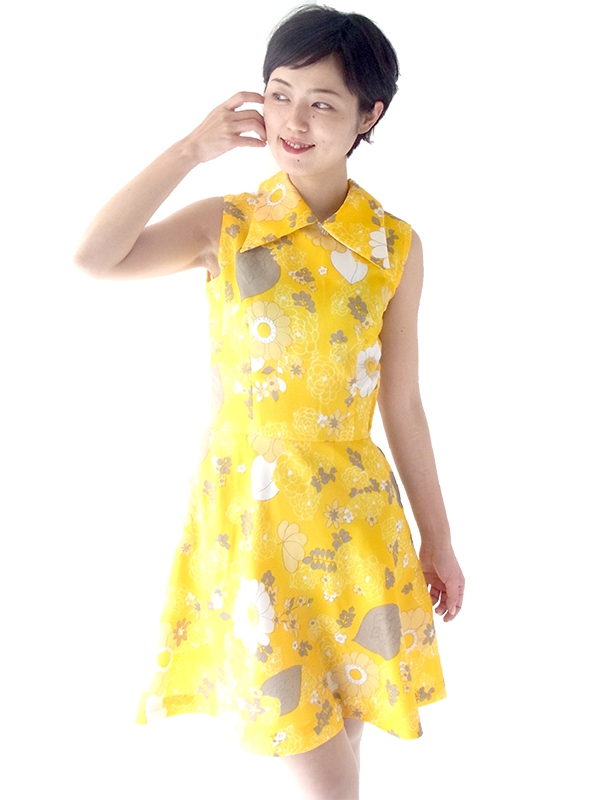 ロンドン買い付け 70年代製 イエロー X ホワイト・グレイ 花柄 レトロ ワンピース 16BS222