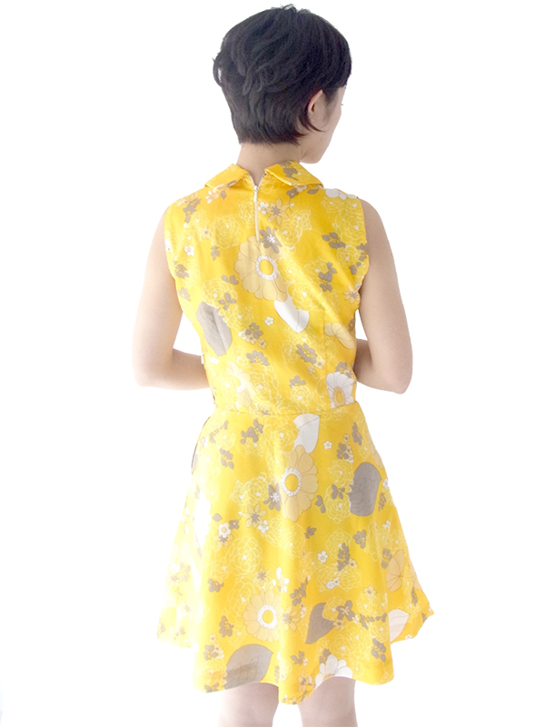 ロンドン買い付け 70年代製 イエロー X ホワイト・グレイ 花柄 レトロ ワンピース 16BS222