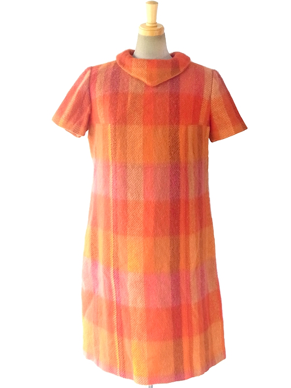 ヨーロッパ古着 ロンドン買い付け 60年代製 レッド X オレンジ ブロックチェック かわいい襟 ウール ワンピース 16BS302