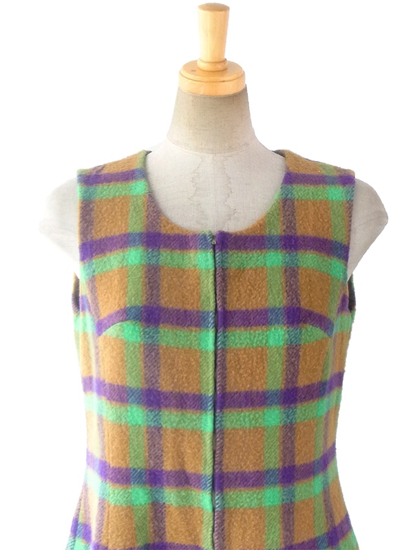 ヨーロッパ古着 ロンドン買い付け 60年代製 カーキ・グリーン・パープル チェック フロントジップ ウール ワンピース 16BS302