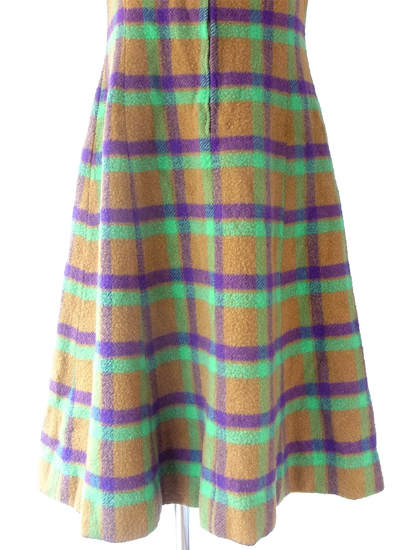 ヨーロッパ古着 ロンドン買い付け 60年代製 カーキ・グリーン・パープル チェック フロントジップ ウール ワンピース 16BS302
