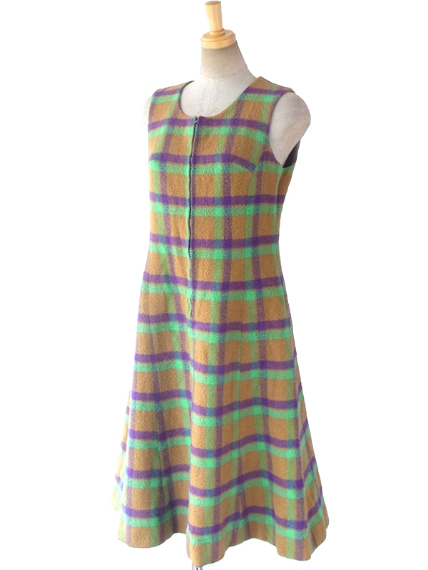 ヨーロッパ古着 ロンドン買い付け 60年代製 カーキ・グリーン・パープル チェック フロントジップ ウール ワンピース 16BS302
