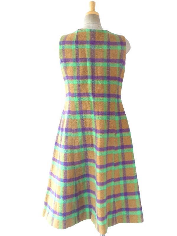 ヨーロッパ古着 ロンドン買い付け 60年代製 カーキ・グリーン・パープル チェック フロントジップ ウール ワンピース 16BS302