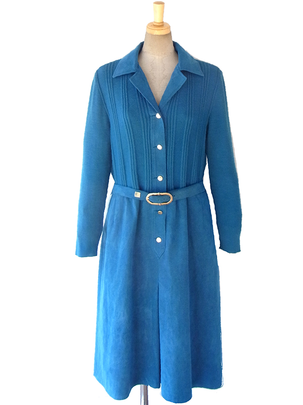 ヨーロッパ古着 60年代スイス製 ターコイズブルー ウールニット X スエード 切り返し ベルト付き ワンピース 16BS305
