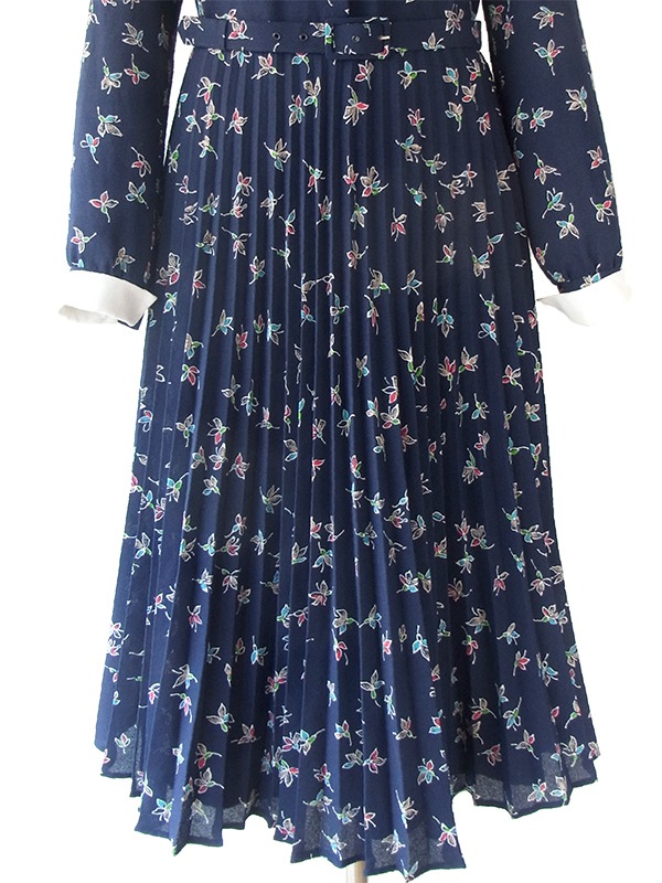 ヨーロッパ古着 ロンドン買い付け ネイビー X 花柄 着脱可能なホワイト襟 共布ベルト付き ワンピース 16BS315 　