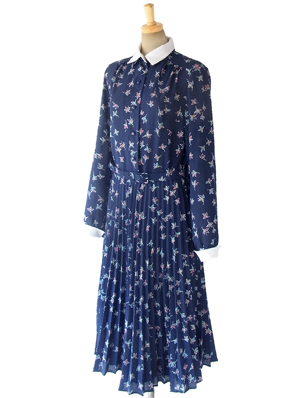 ヨーロッパ古着 ロンドン買い付け ネイビー X 花柄 着脱可能なホワイト襟 共布ベルト付き ワンピース 16BS315 　