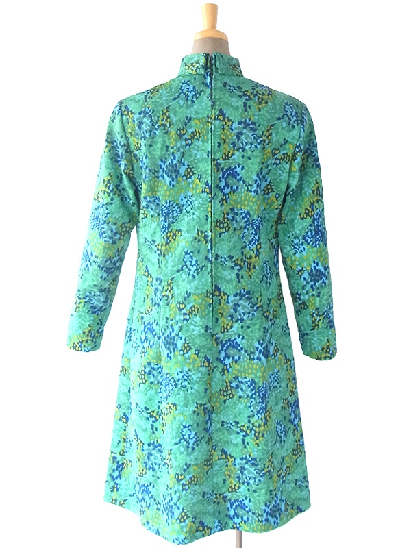 ヨーロッパ古着 ロンドン買い付け 70年代製 グリーン・水色・ブルー  X レトロ柄 モックネック ワンピース 16BS321