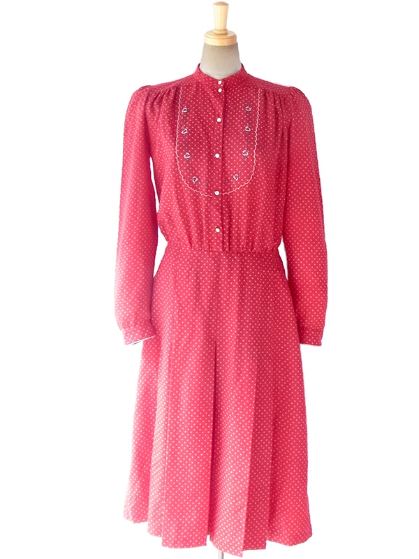 ヨーロッパ古着 イタリア製 レッド X ホワイト 水玉 花柄刺繍 ヴィンテージ ワンピース 16BS330