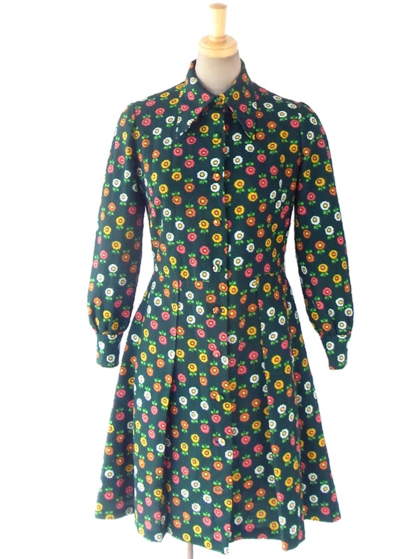 ヨーロッパ古着 ロンドン買い付け 60年代製 グリーン X カラフルなレトロ花柄 ヴィンテージ ワンピース 16BS334
