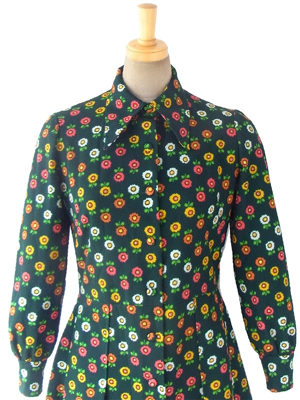 ヨーロッパ古着 ロンドン買い付け 60年代製 グリーン X カラフルなレトロ花柄 ヴィンテージ ワンピース 16BS334