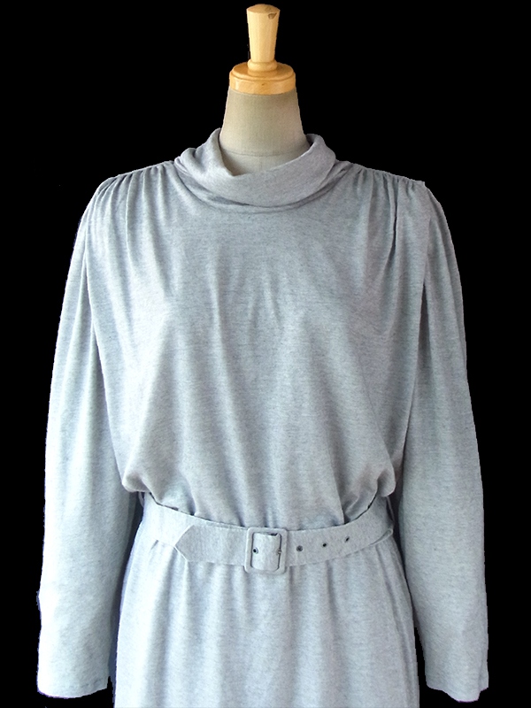 ロンドン買い付け Betty Barclay 70年代製 グレイ X 後襟リボン レトロ ワンピース 16BS403