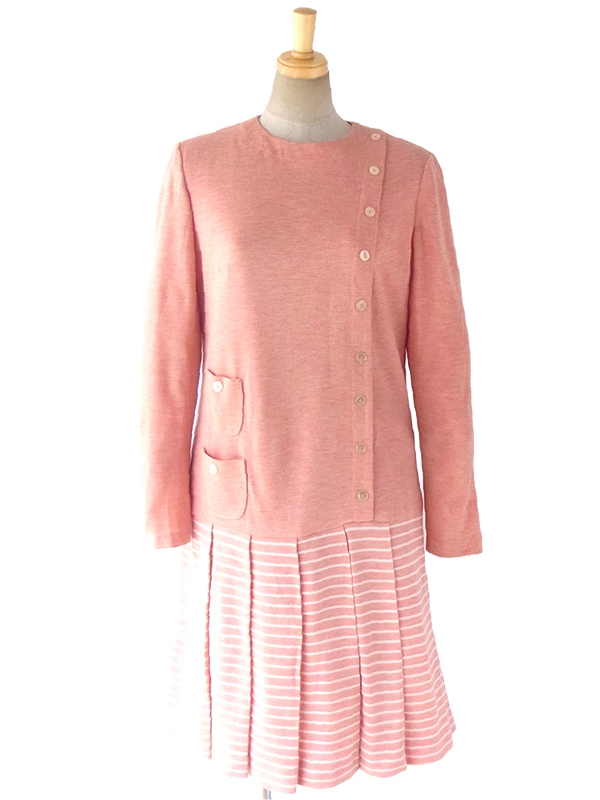 【送料無料】ロンドン買い付け 60年代製 アプリコットピンク X ホワイト ボーダー プリーツ ワンピース 16BS416【ヨーロッパ古着】