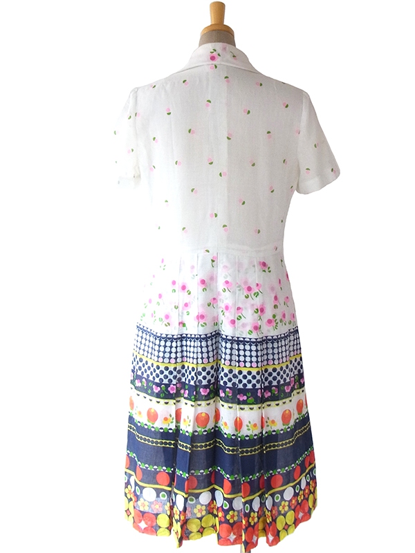 ヨーロッパ古着 フランス買い付け 60年代製 ガーゼ生地 ホワイト X カラフル花柄プリント フロントジップ レトロ ワンピース 16FC007