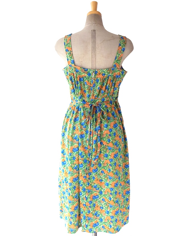 ヨーロッパ古着 フランス買い付け グリーン X オレンジ・ブルー 鮮やかな花柄 ヴィンテージ サマーワンピース 16FC112