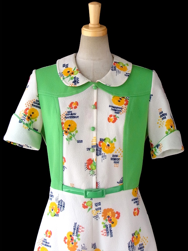 ヨーロッパ古着 フランス買い付け 60年代製 クリーム X ライムグリーン 生地切り返し 花柄プリント ベルト付き ワンピース 16FC200