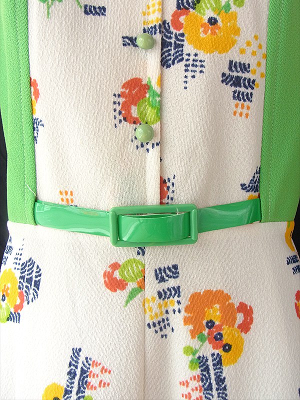 ヨーロッパ古着 フランス買い付け 60年代製 クリーム X ライムグリーン 生地切り返し 花柄プリント ベルト付き ワンピース 16FC200