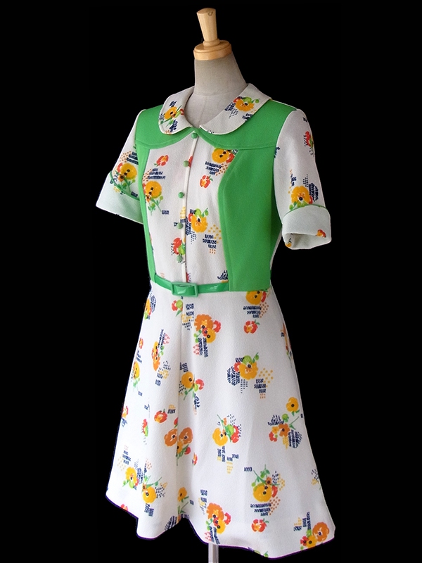 ヨーロッパ古着 フランス買い付け 60年代製 クリーム X ライムグリーン 生地切り返し 花柄プリント ベルト付き ワンピース 16FC200