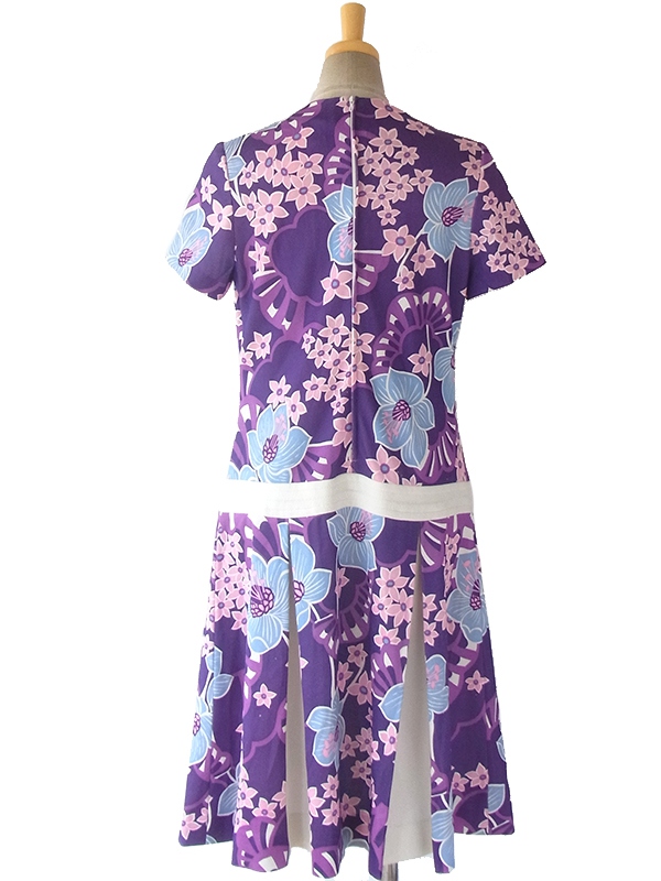 ヨーロッパ古着 フランス買い付け 60年代製 パープル X ホワイト レトロ花柄 プリーツスカート ワンピース 16FC201