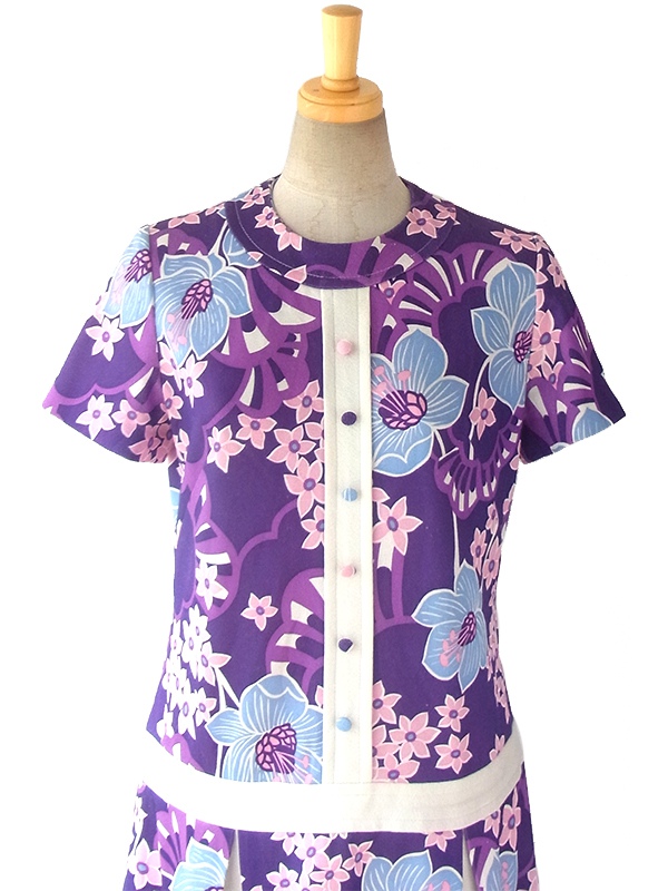 ヨーロッパ古着 フランス買い付け 60年代製 パープル X ホワイト レトロ花柄 プリーツスカート ワンピース 16FC201