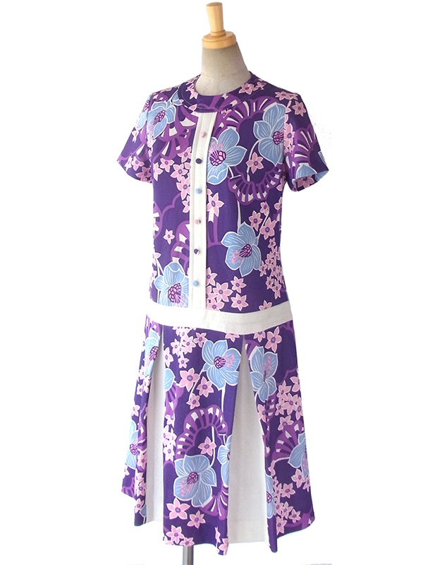 ヨーロッパ古着 フランス買い付け 60年代製 パープル X ホワイト レトロ花柄 プリーツスカート ワンピース 16FC201