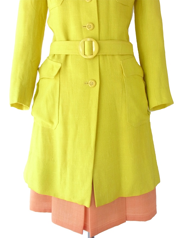 【送料無料】フランス買い付け 60年代製 イエロー X ビッグステッチ ベルト付き スプリング コート 16FC222【ヨーロッパ古着】