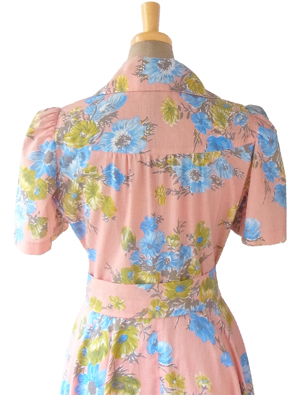ヨーロッパ古着 50年代フランス製 ピンク X ブルー花柄 共布ベルト付き ヴィンテージ ワンピース 16FC400