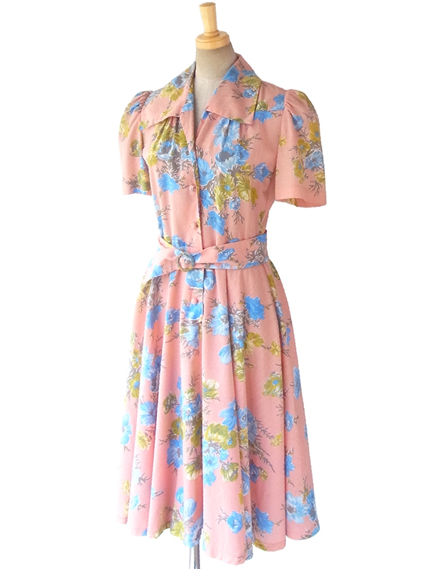 ヨーロッパ古着 50年代フランス製 ピンク X ブルー花柄 共布ベルト付き ヴィンテージ ワンピース 16FC400