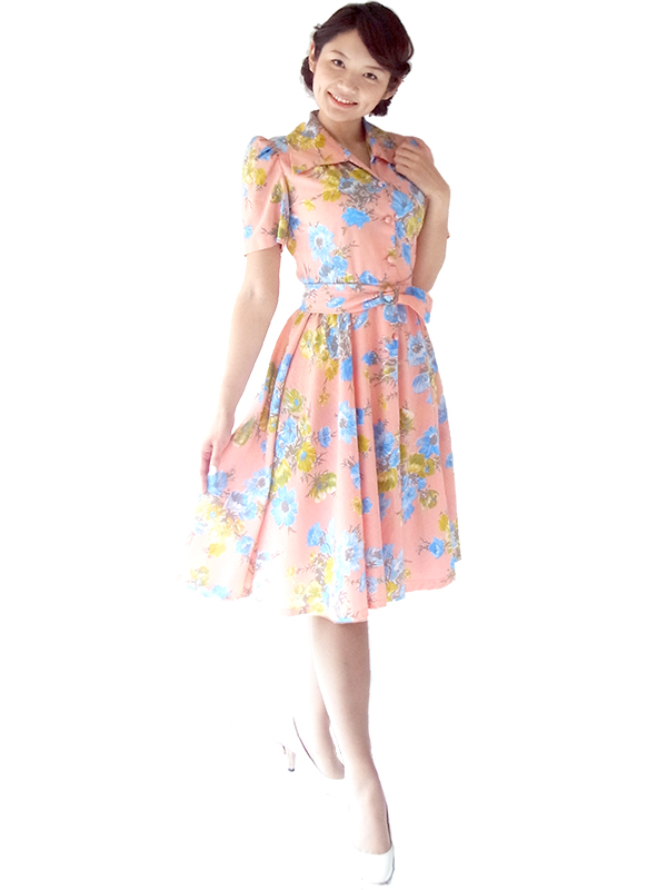 フランス製 ピンク X ブルー花柄 共布ベルト付き ヴィンテージ ワンピース 16FC400