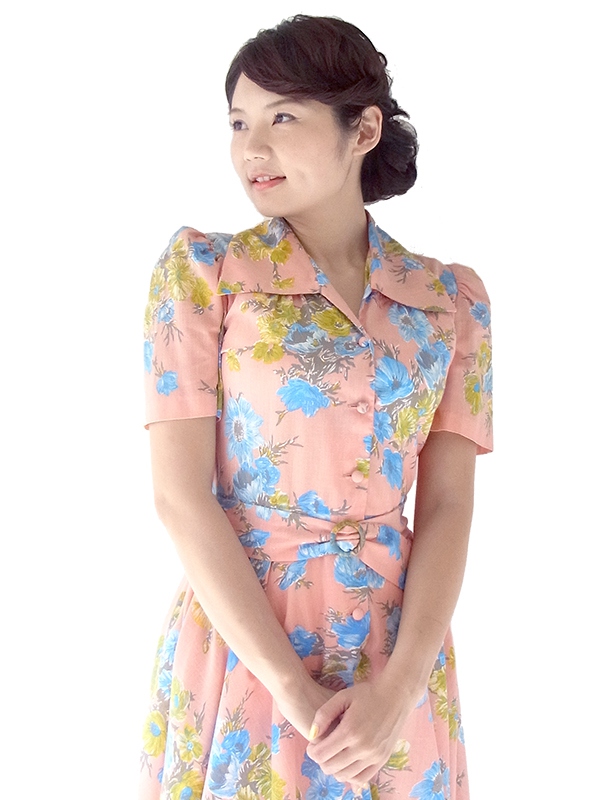 フランス製 ピンク X ブルー花柄 共布ベルト付き ヴィンテージ ワンピース 16FC400