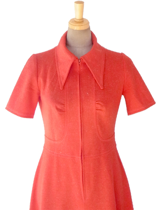 フランス買い付け ６０年代製 レッド X フロントジップ  レトロ ウール ワンピース 16FC401