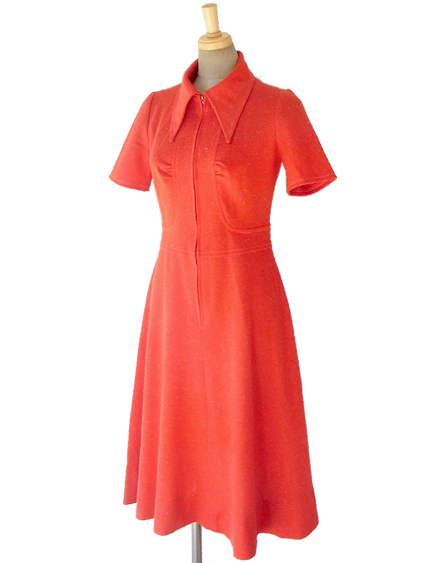 フランス買い付け ６０年代製 レッド X フロントジップ  レトロ ウール ワンピース 16FC401