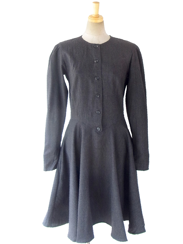 ヨーロッパ古着 フランス買い付け イタリア製 上品グレイ X きれいなシルエット ウール ワンピース 16FC402