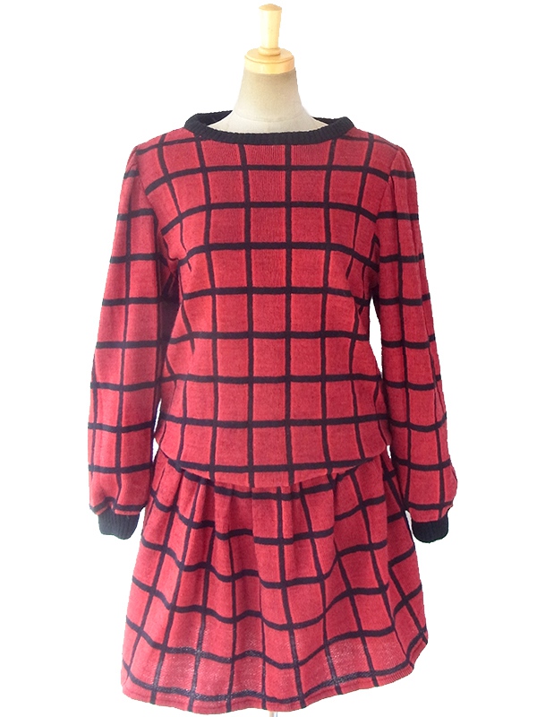 【送料無料】イギリス製 レッド X ブラック ブロックチェック ドロップウェスト ニット ワンピース 16FC409【ヨーロッパ古着】