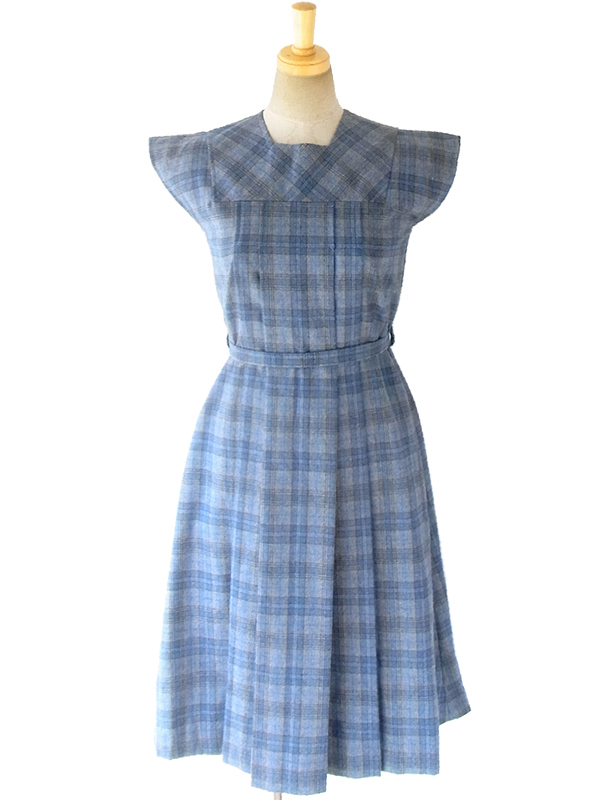 ヨーロッパ古着 フランス買い付け 60年代製 ブルー X グレイ きれいなプリーツ ウール ワンピース 16FC411