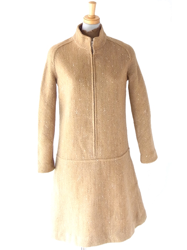 【送料無料】60年代フランス製 キャメル X フロントジップ ヴィンテージ ウール ワンピース 16FC417【ヨーロッパ古着】