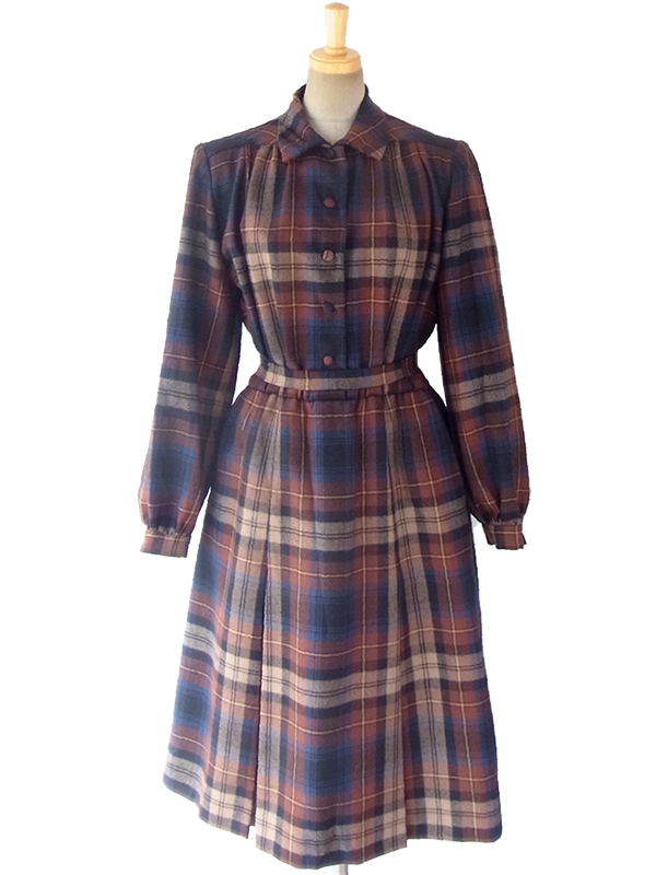 ヨーロッパ古着 フランス買い付け 60年代製 ブラウン X ブルー チェック柄 共布ベルト付き ウール ワンピース 16FC419