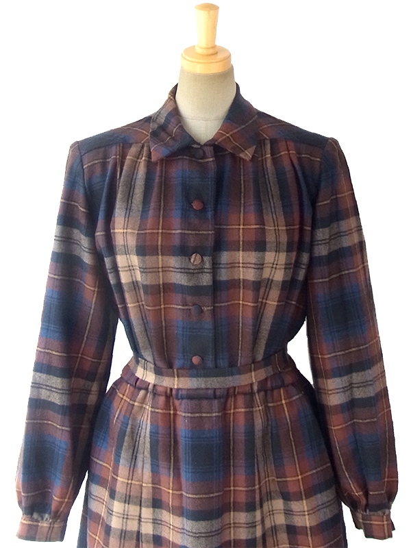 ヨーロッパ古着 フランス買い付け 60年代製 ブラウン X ブルー チェック柄 共布ベルト付き ウール ワンピース 16FC419