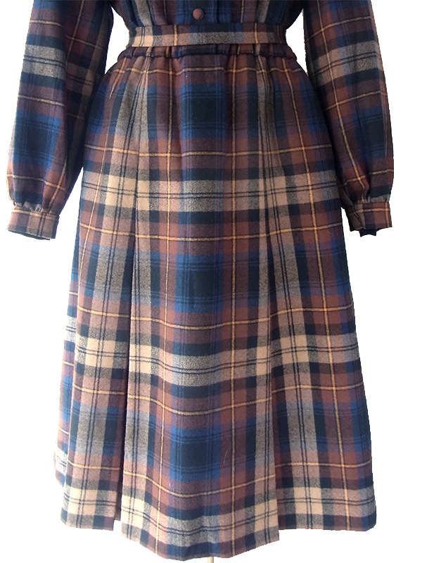 ヨーロッパ古着 フランス買い付け 60年代製 ブラウン X ブルー チェック柄 共布ベルト付き ウール ワンピース 16FC419