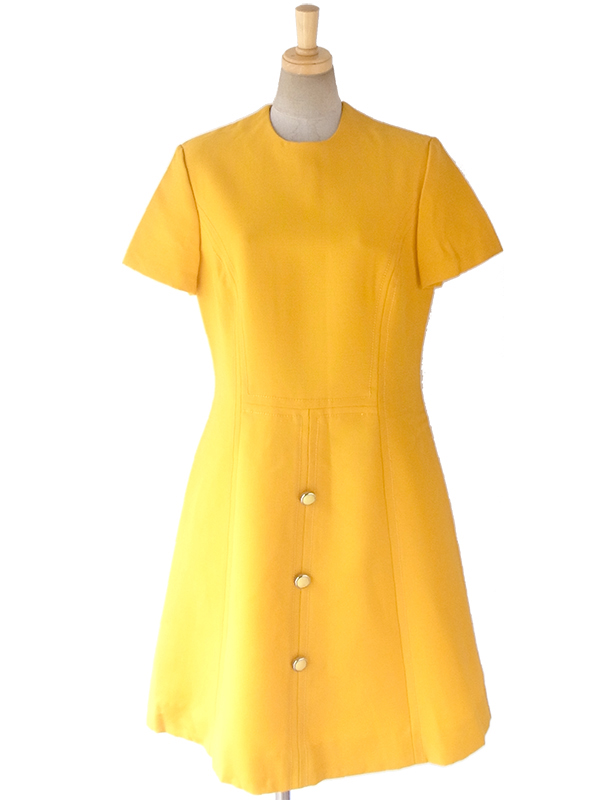 ヨーロッパ古着 フランス買い付け 60年代製 イエロー X ビッグステッチ 飾りボタン付き ワンピース 16FC420