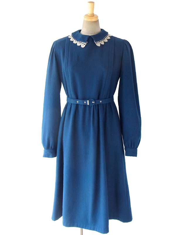 ヨーロッパ古着 フランス買い付け 60年代製 ブルー X ホワイト レース襟 共布ベルト付き ヴィンテージ ワンピース 16FC422