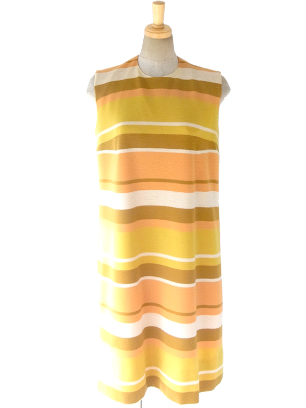 ヨーロッパ古着 フランス買い付け 60年代製 イエロー・オレンジ・ベージュ ボーダー ヴィンテージ ウール ワンピース 16FC423