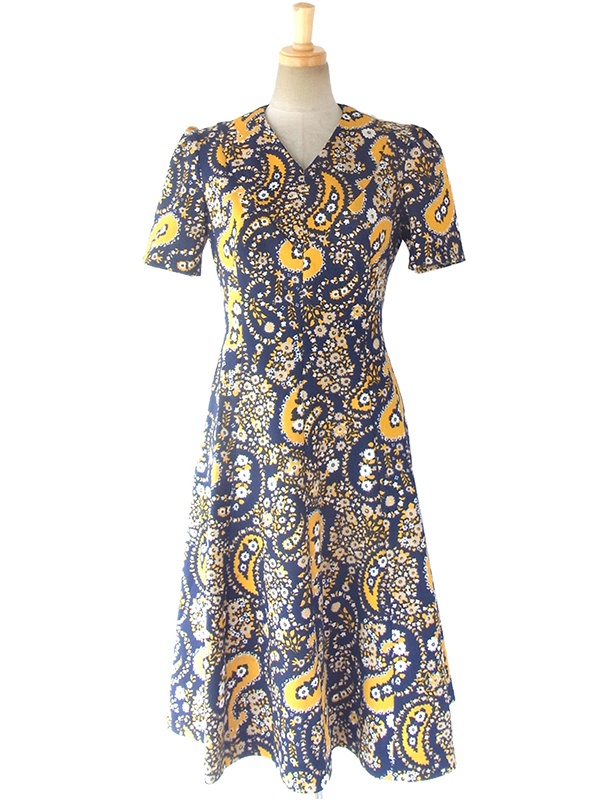 ヨーロッパ古着 フランス買い付け 60年代製 ネイビー X イエロー・ホワイト レトロ花柄 ワンピース 16FC424