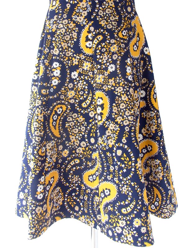 ヨーロッパ古着 フランス買い付け 60年代製 ネイビー X イエロー・ホワイト レトロ花柄 ワンピース 16FC424